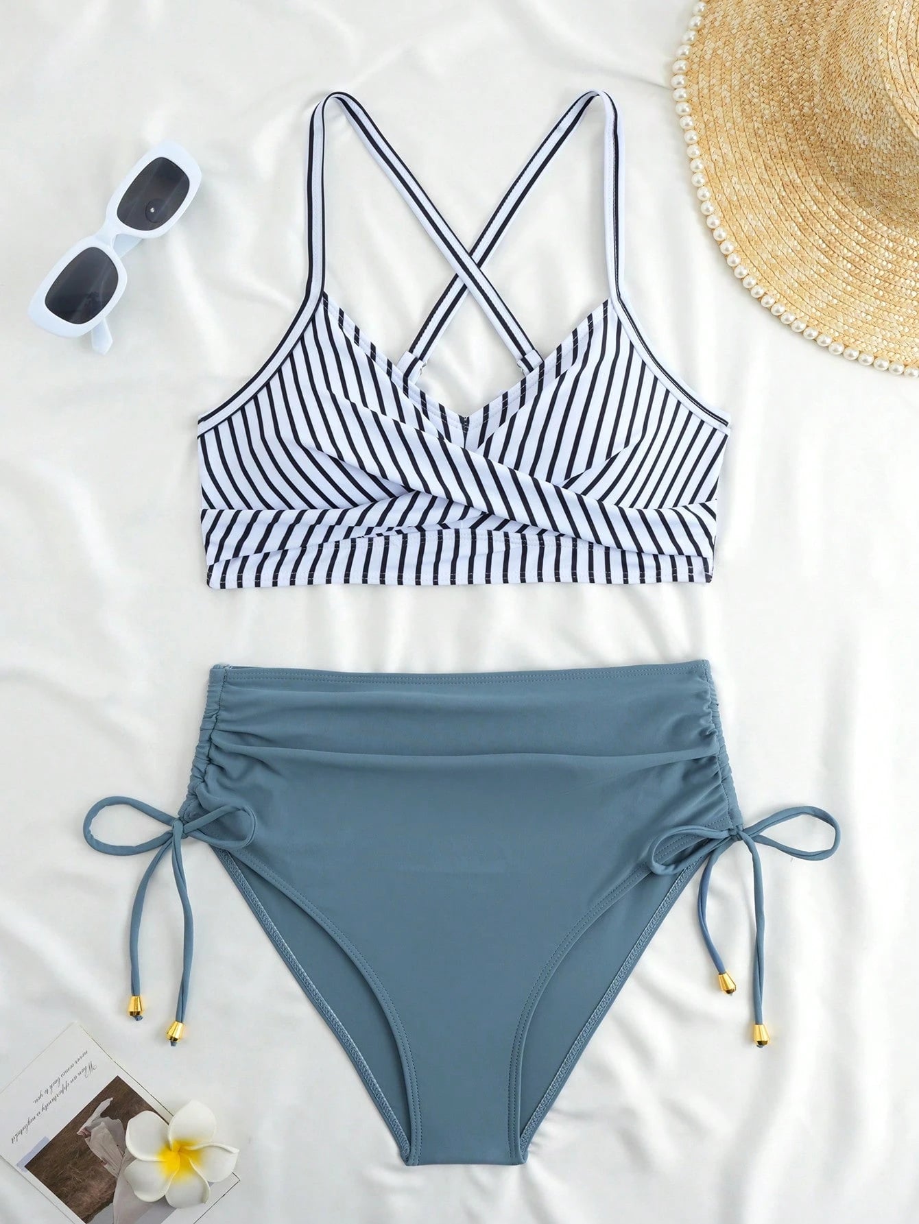 New Sexy High Waist Criss-Cross Strap Bikini Set For Women, Metal Pendant Decor, Adjustable Drawstring, Flattering Tummy Coverage Vacation Beach Summer