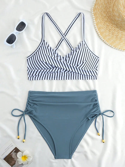 New Sexy High Waist Criss-Cross Strap Bikini Set For Women, Metal Pendant Decor, Adjustable Drawstring, Flattering Tummy Coverage Vacation Beach Summer