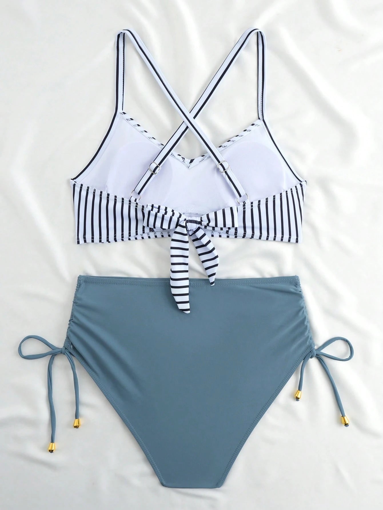 New Sexy High Waist Criss-Cross Strap Bikini Set For Women, Metal Pendant Decor, Adjustable Drawstring, Flattering Tummy Coverage Vacation Beach Summer