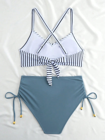 New Sexy High Waist Criss-Cross Strap Bikini Set For Women, Metal Pendant Decor, Adjustable Drawstring, Flattering Tummy Coverage Vacation Beach Summer