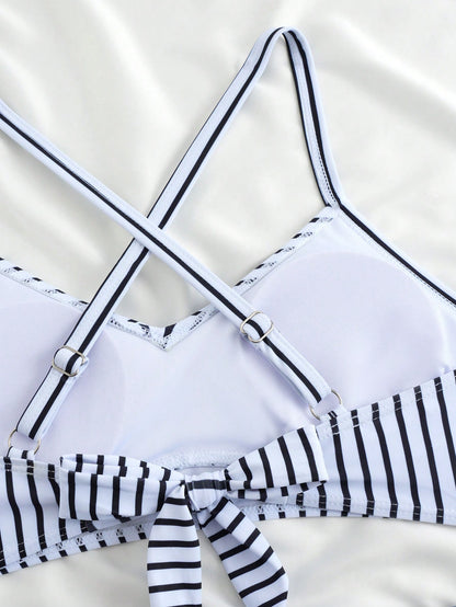 New Sexy High Waist Criss-Cross Strap Bikini Set For Women, Metal Pendant Decor, Adjustable Drawstring, Flattering Tummy Coverage Vacation Beach Summer