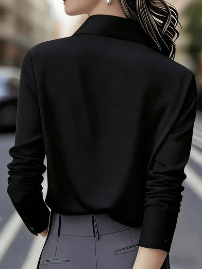 New Solid Color French Style Women's Shirt, Long Sleeve, Hidden Button Placket, Professional Work Shirt Spring