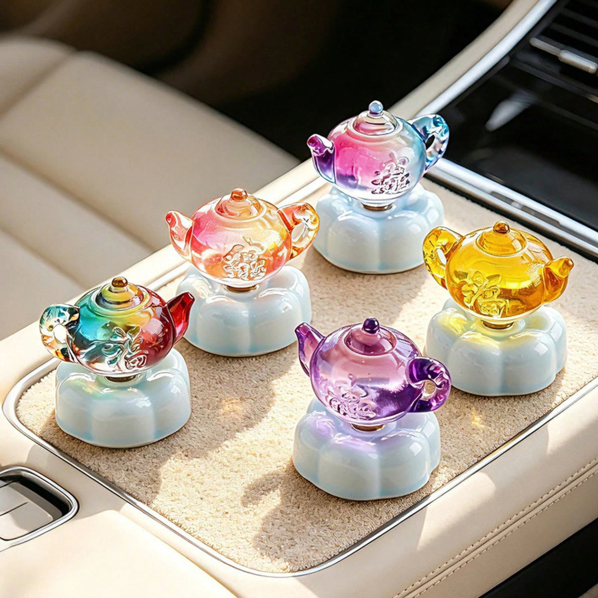 New Style Rotating Ceramic Tea Pot Car Ornament- Colorful Glazed Porcelain Auto Dashboard Decor Fortune Blessing Business