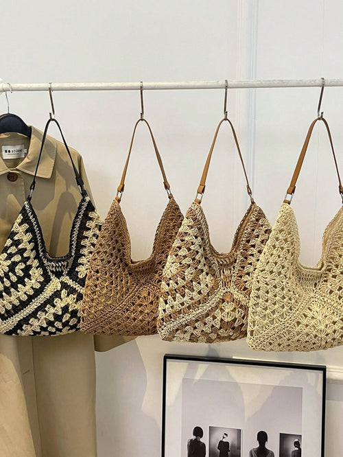 New Stylish Sweet Woven Straw Bag, Fashion Ins Woven Paper Rope Shoulder Bag, Bohemian Style Beach Bag