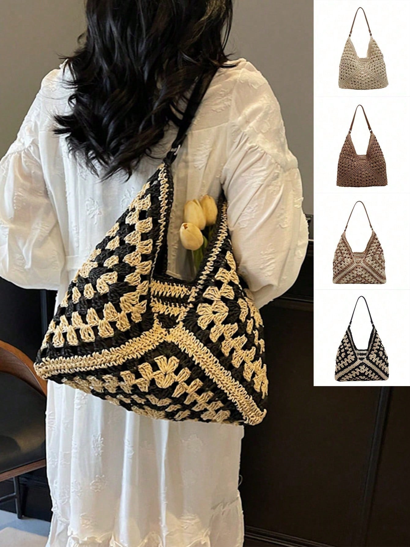 New Stylish Sweet Woven Straw Bag, Fashion Ins Woven Paper Rope Shoulder Bag, Bohemian Style Beach Bag