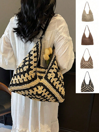 New Stylish Sweet Woven Straw Bag, Fashion Ins Woven Paper Rope Shoulder Bag, Bohemian Style Beach Bag