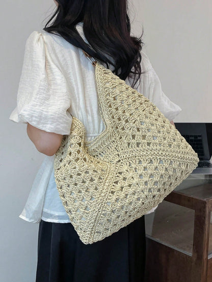 New Stylish Sweet Woven Straw Bag, Fashion Ins Woven Paper Rope Shoulder Bag, Bohemian Style Beach Bag
