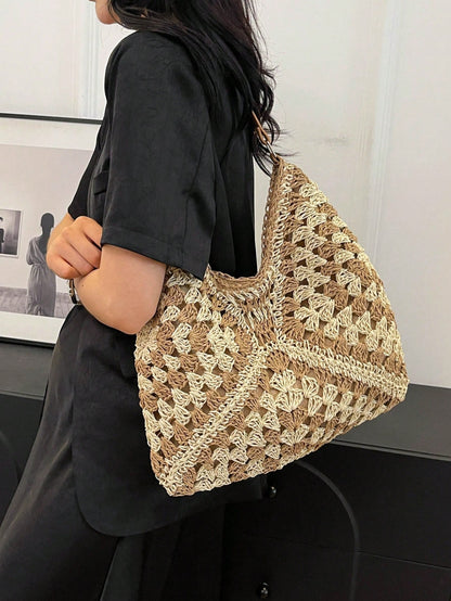 New Stylish Sweet Woven Straw Bag, Fashion Ins Woven Paper Rope Shoulder Bag, Bohemian Style Beach Bag