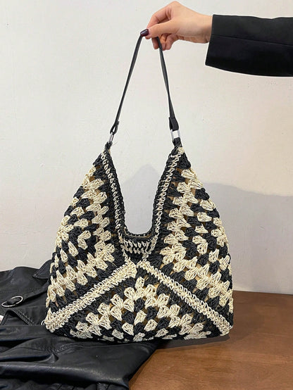 New Stylish Sweet Woven Straw Bag, Fashion Ins Woven Paper Rope Shoulder Bag, Bohemian Style Beach Bag