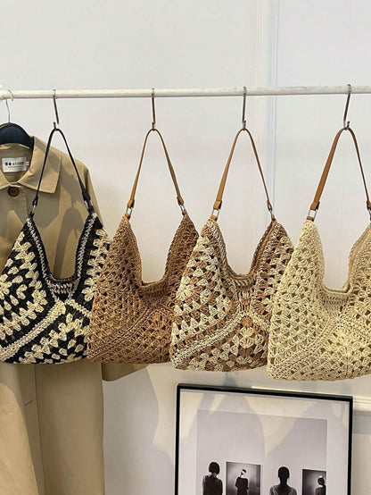 New Stylish Sweet Woven Straw Bag, Fashion Ins Woven Paper Rope Shoulder Bag, Bohemian Style Beach Bag
