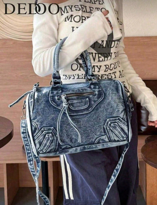 New Vintage Washed Denim Crossbody Bag, Casual Y2K Style Shoulder Bag, Dual Handle Tote Bag, Compact Design With Large Capacity