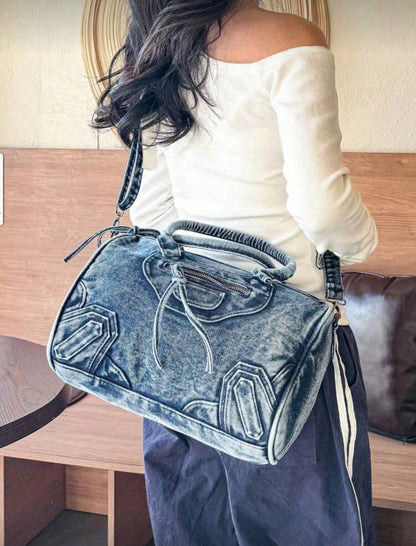 New Vintage Washed Denim Crossbody Bag, Casual Y2K Style Shoulder Bag, Dual Handle Tote Bag, Compact Design With Large Capacity