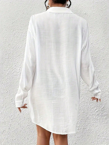 New Women Plus Size Casual Long Sleeve Breathable Solid Color Shirt, Spring/Summer Vacation Beach White