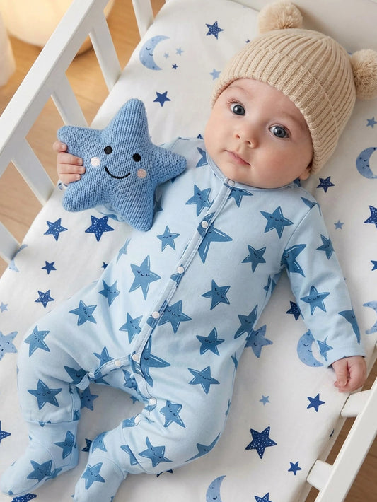 Newborn Baby Blue Star Print Long Sleeve Jumpsuit Romper Pajamas