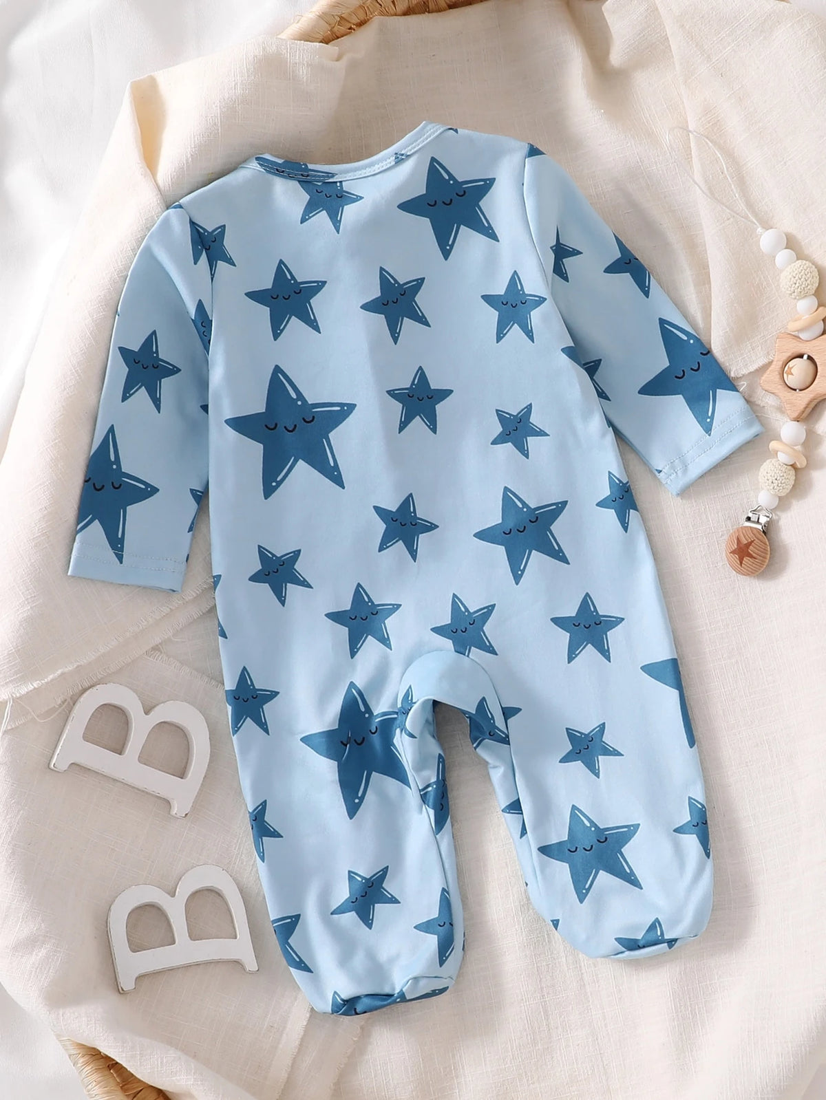 Newborn Baby Blue Star Print Long Sleeve Jumpsuit Romper Pajamas