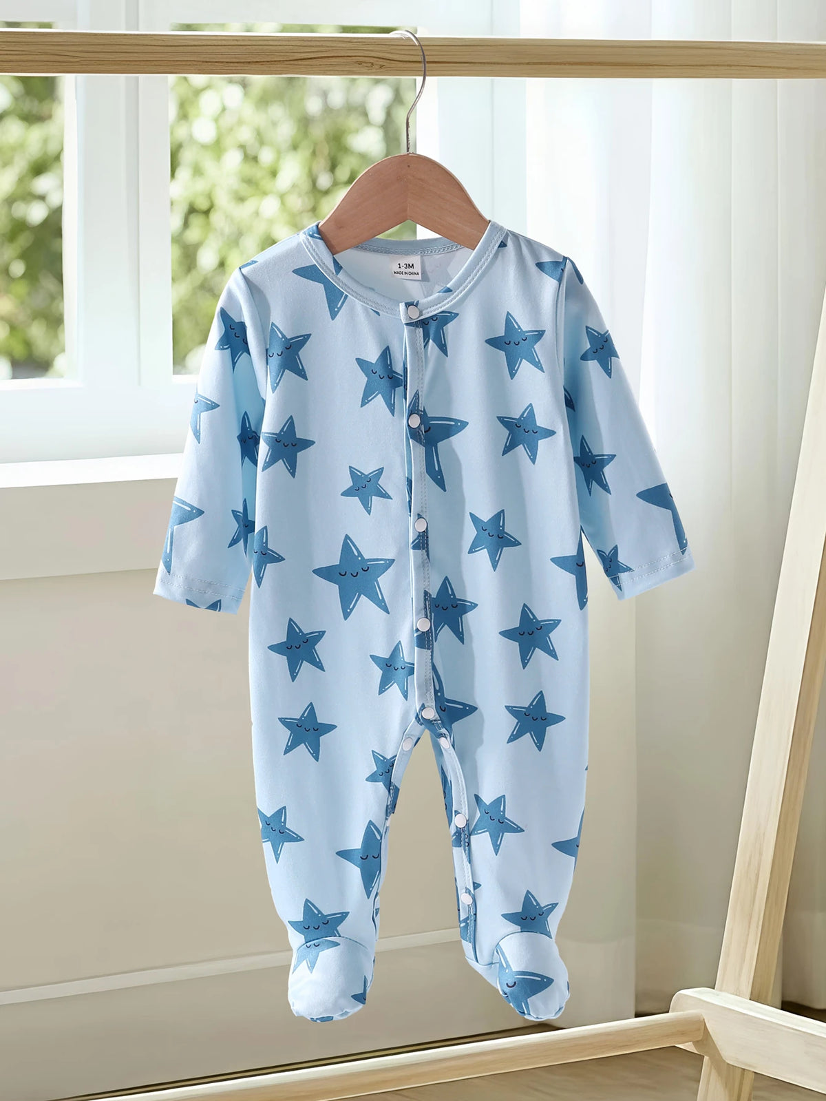 Newborn Baby Blue Star Print Long Sleeve Jumpsuit Romper Pajamas