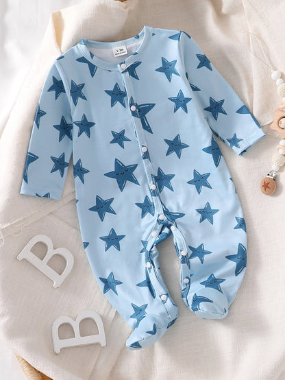 Newborn Baby Blue Star Print Long Sleeve Jumpsuit Romper Pajamas