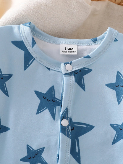 Newborn Baby Blue Star Print Long Sleeve Jumpsuit Romper Pajamas