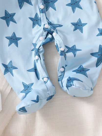 Newborn Baby Blue Star Print Long Sleeve Jumpsuit Romper Pajamas