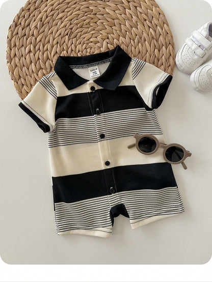Newborn Baby Boy Black And White Striped Summer Knit Short Sleeve Romper,Family Matching Outfit,Suitable For Birthday Party,Wedding,Christening