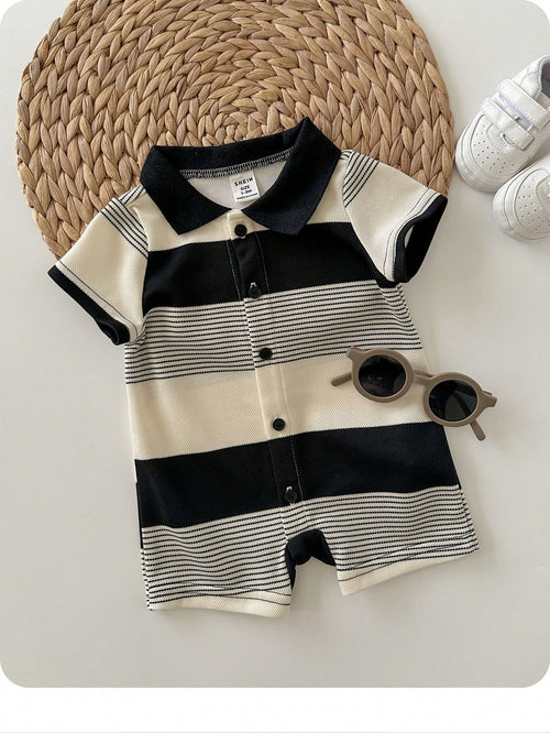 Newborn Baby Boy Black And White Striped Summer Knit Short Sleeve Romper,Family Matching Outfit,Suitable For Birthday Party,Wedding,Christening