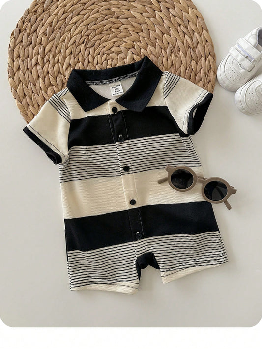 Newborn Baby Boy Black And White Striped Summer Knit Short Sleeve Romper,Family Matching Outfit,Suitable For Birthday Party,Wedding,Christening