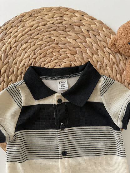 Newborn Baby Boy Black And White Striped Summer Knit Short Sleeve Romper,Family Matching Outfit,Suitable For Birthday Party,Wedding,Christening