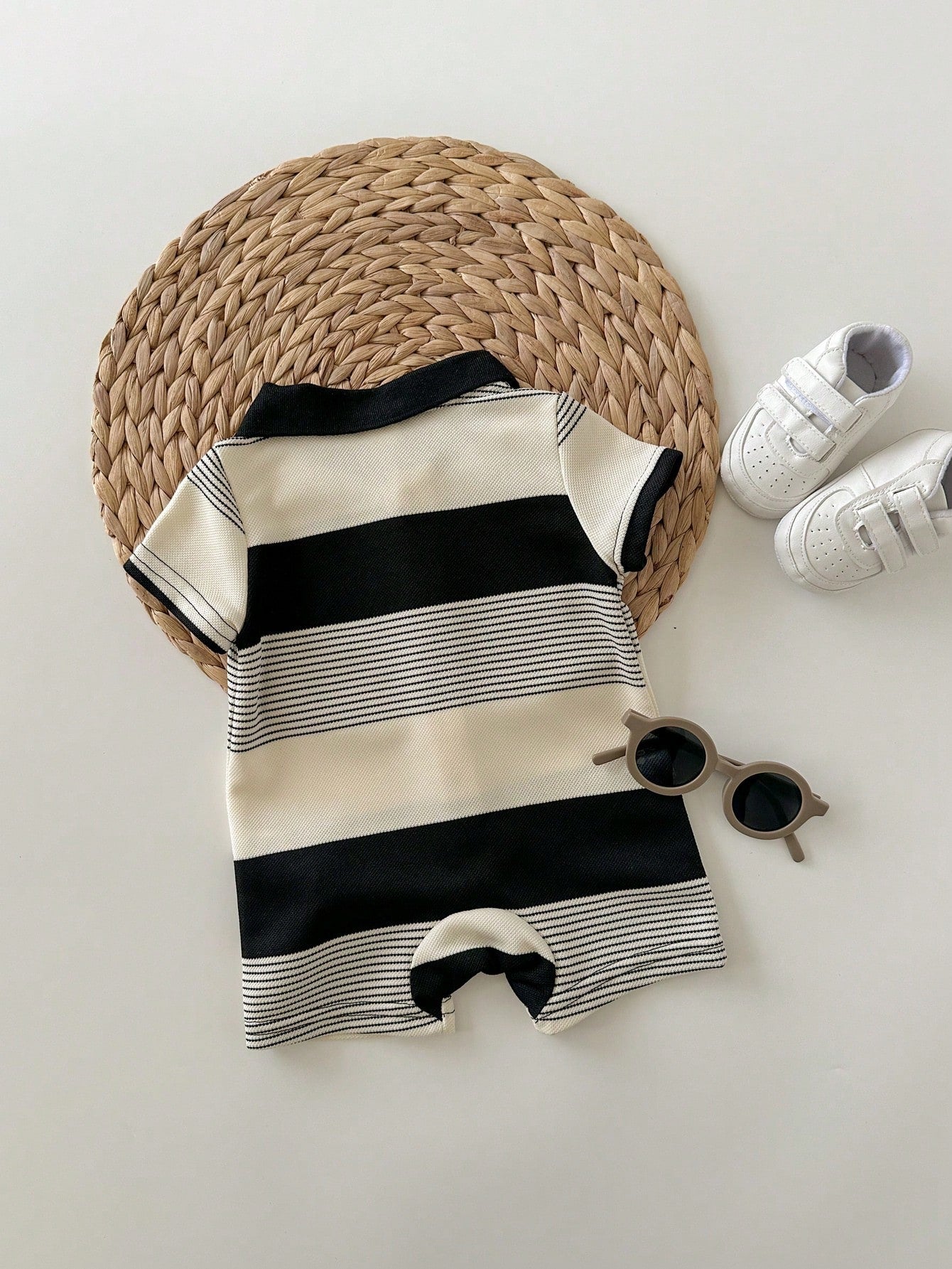Newborn Baby Boy Black And White Striped Summer Knit Short Sleeve Romper,Family Matching Outfit,Suitable For Birthday Party,Wedding,Christening