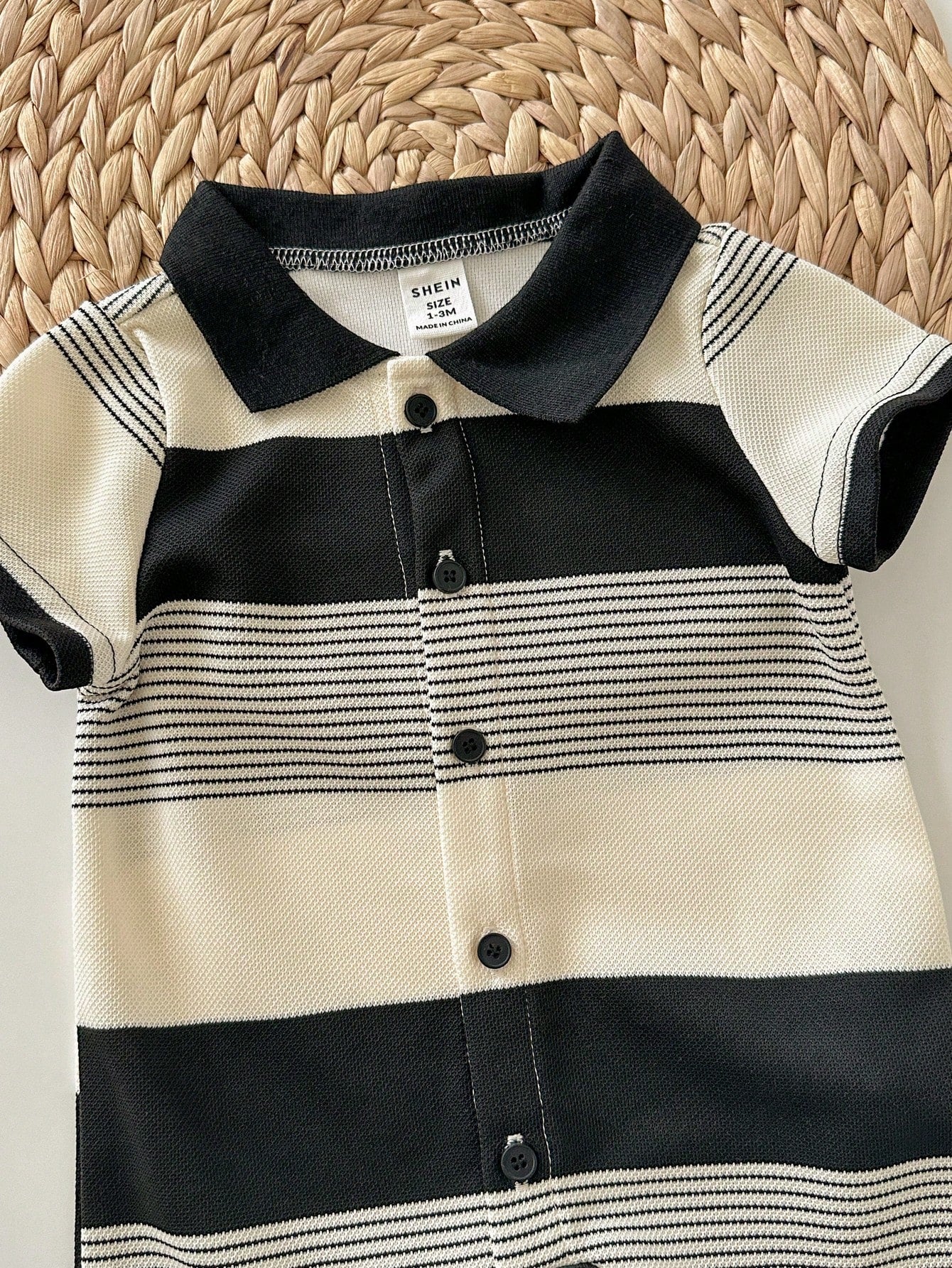 Newborn Baby Boy Black And White Striped Summer Knit Short Sleeve Romper,Family Matching Outfit,Suitable For Birthday Party,Wedding,Christening