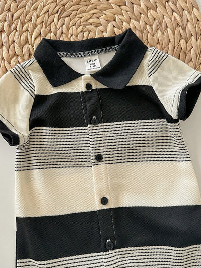 Newborn Baby Boy Black And White Striped Summer Knit Short Sleeve Romper,Family Matching Outfit,Suitable For Birthday Party,Wedding,Christening