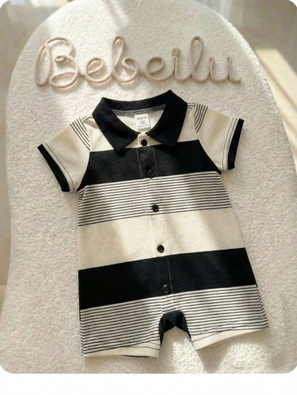 Newborn Baby Boy Black And White Striped Summer Knit Short Sleeve Romper,Family Matching Outfit,Suitable For Birthday Party,Wedding,Christening