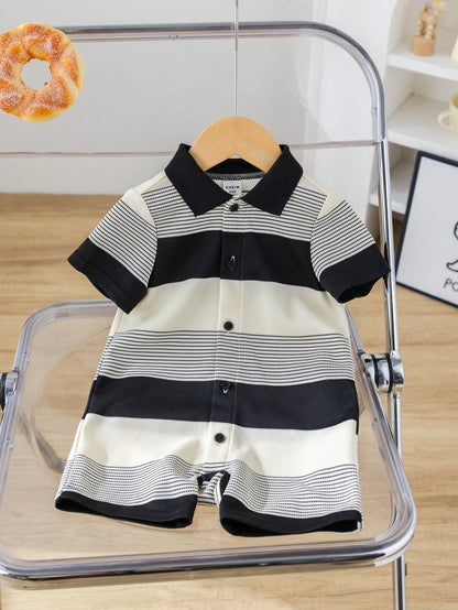 Newborn Baby Boy Black And White Striped Summer Knit Short Sleeve Romper,Family Matching Outfit,Suitable For Birthday Party,Wedding,Christening