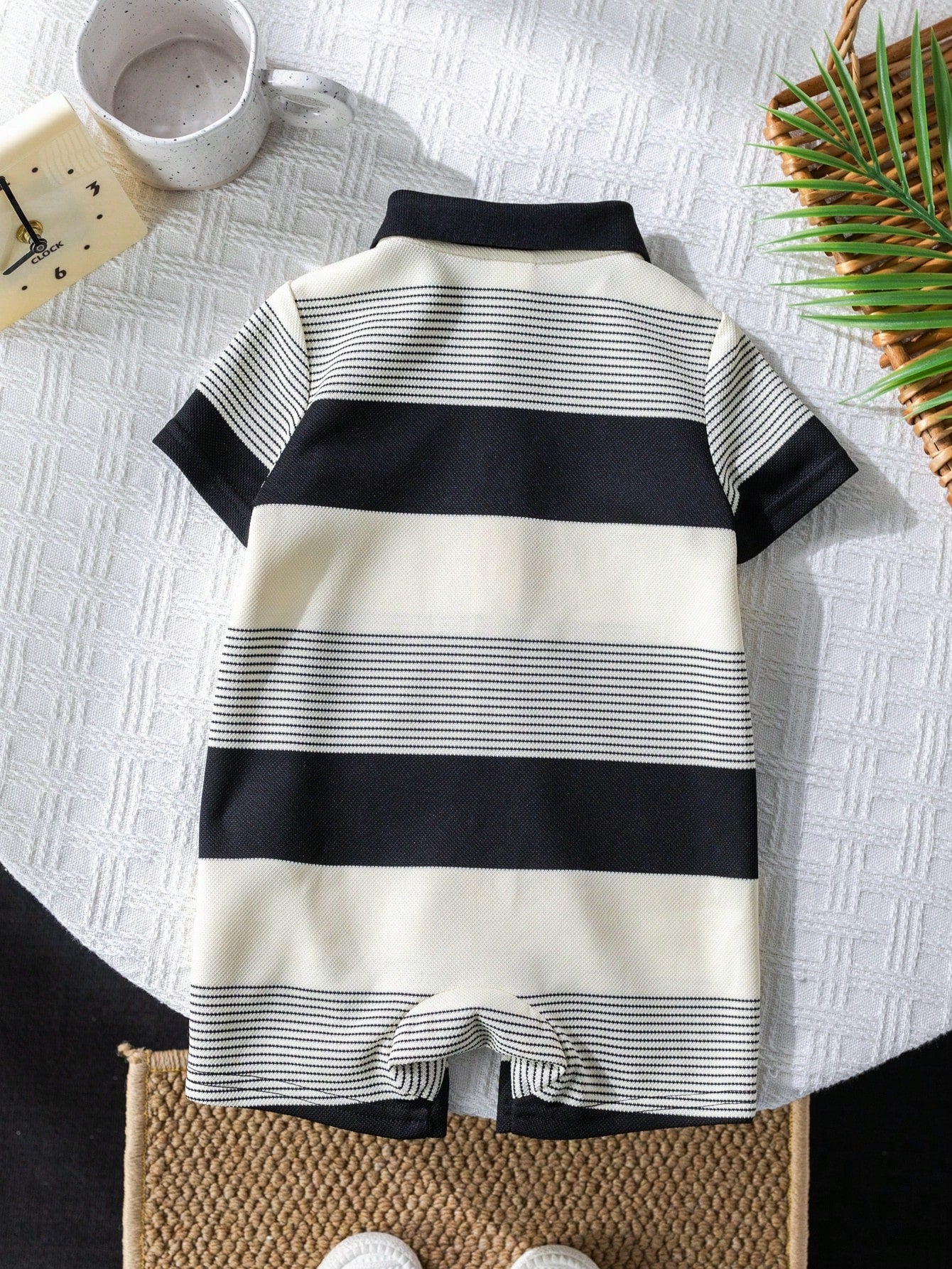 Newborn Baby Boy Black And White Striped Summer Knit Short Sleeve Romper,Family Matching Outfit,Suitable For Birthday Party,Wedding,Christening