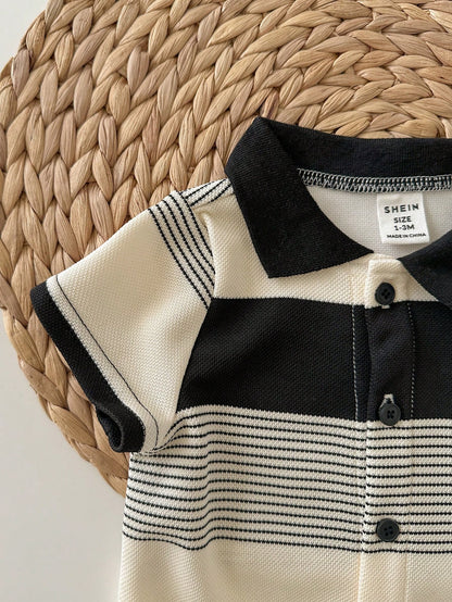 Newborn Baby Boy Black And White Striped Summer Knit Short Sleeve Romper,Family Matching Outfit,Suitable For Birthday Party,Wedding,Christening