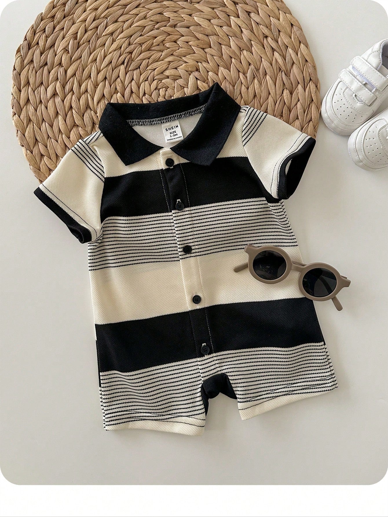 Newborn Baby Boy Black And White Striped Summer Knit Short Sleeve Romper,Family Matching Outfit,Suitable For Birthday Party,Wedding,Christening