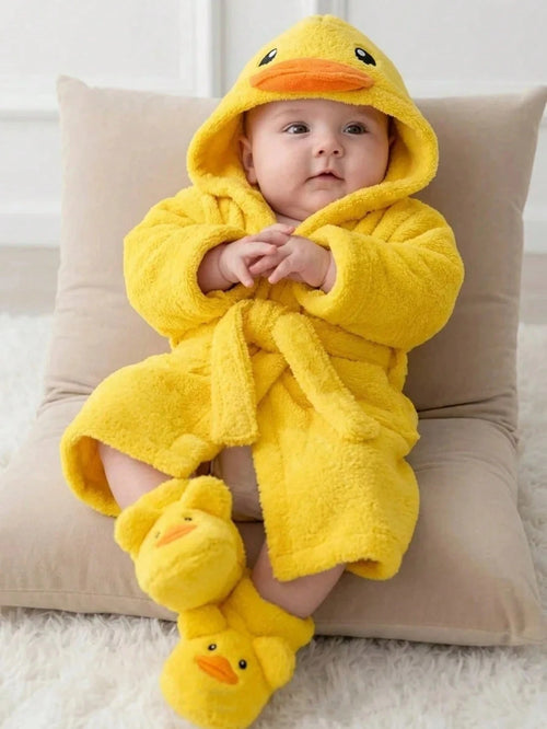 Newborn Baby Boy/Girl Cartoon Duck 3D Pattern: Fleece Thick Hooded Long Sleeve Tie-Front Style Clothing Autumn Winter