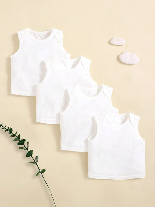 Newborn Baby Boy's Plain Knitted Soft Casual Round Neck Sleeveless Overlap Top 4pcs Set