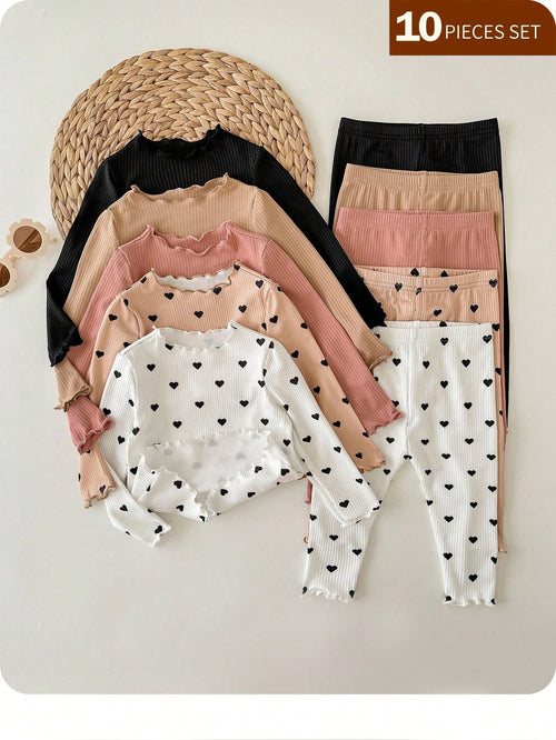 Newborn Baby Girl Casual Knit Polka Dot Long Sleeve Top And Elastic Waist Pants Set