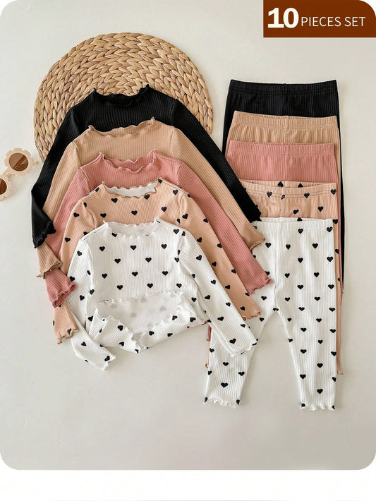 Newborn Baby Girl Casual Knit Polka Dot Long Sleeve Top And Elastic Waist Pants Set
