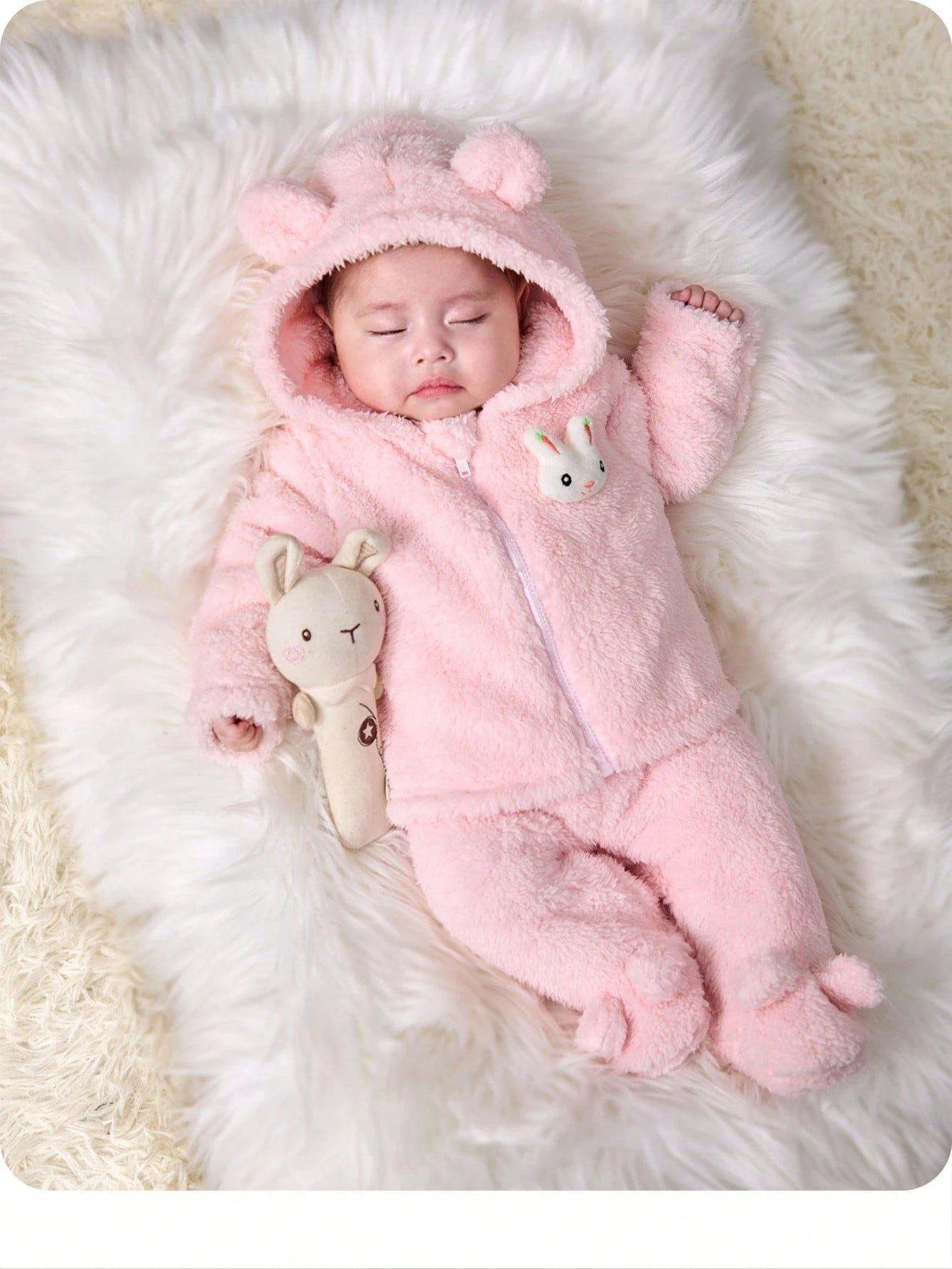Newborn Baby Girl Cute Pink Fuzzy Cartoon Hooded Jacket And Elastic Waist Pants Set, Autumn/Winter Clothes