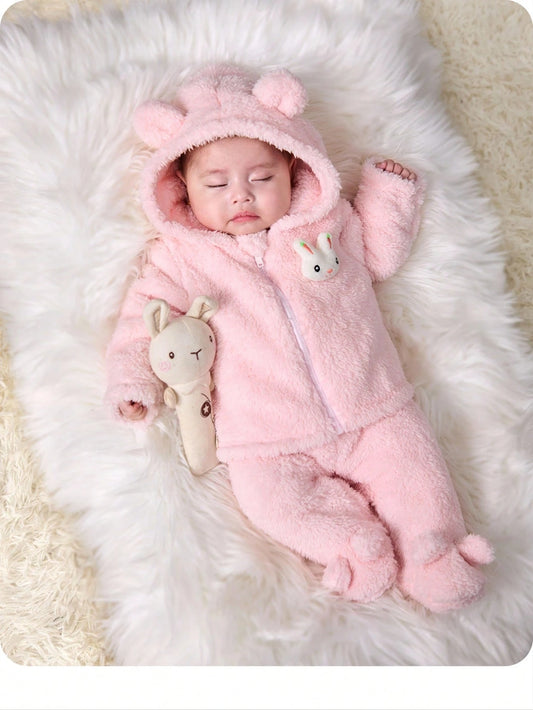 Newborn Baby Girl Cute Pink Fuzzy Cartoon Hooded Jacket And Elastic Waist Pants Set, Autumn/Winter Clothes