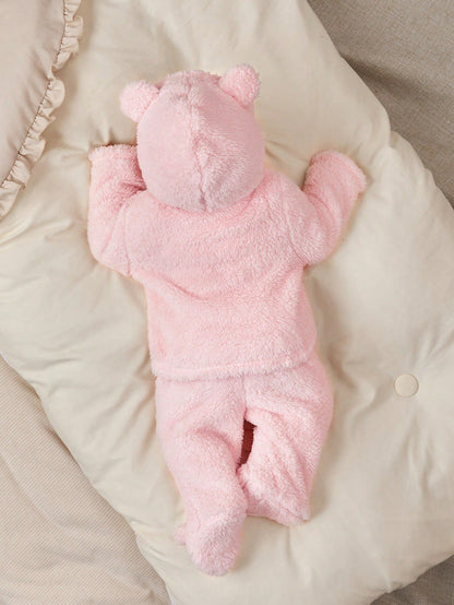 Newborn Baby Girl Cute Pink Fuzzy Cartoon Hooded Jacket And Elastic Waist Pants Set, Autumn/Winter Clothes