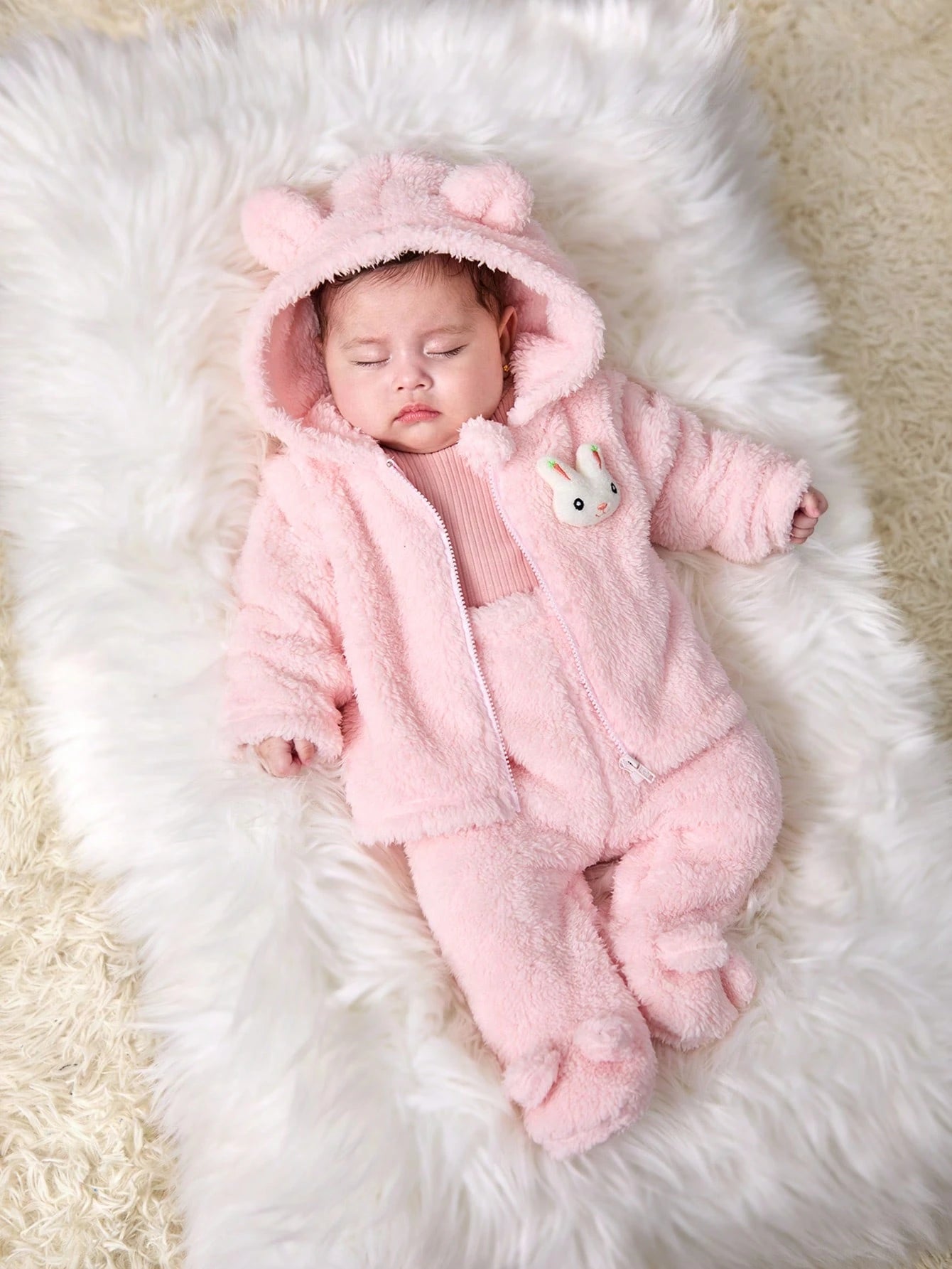 Newborn Baby Girl Cute Pink Fuzzy Cartoon Hooded Jacket And Elastic Waist Pants Set, Autumn/Winter Clothes