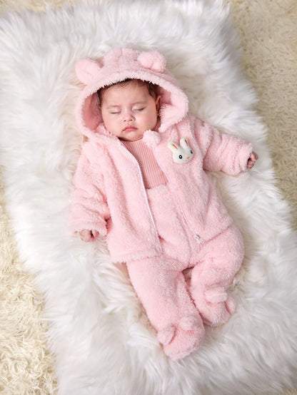 Newborn Baby Girl Cute Pink Fuzzy Cartoon Hooded Jacket And Elastic Waist Pants Set, Autumn/Winter Clothes