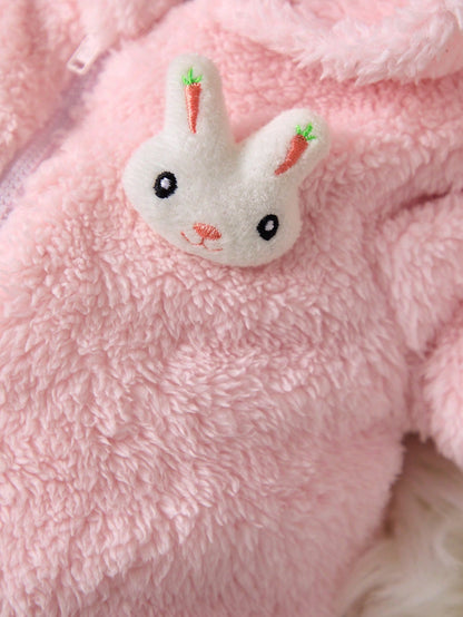 Newborn Baby Girl Cute Pink Fuzzy Cartoon Hooded Jacket And Elastic Waist Pants Set, Autumn/Winter Clothes