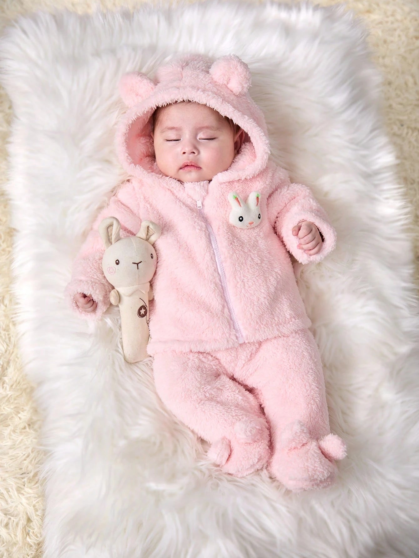 Newborn Baby Girl Cute Pink Fuzzy Cartoon Hooded Jacket And Elastic Waist Pants Set, Autumn/Winter Clothes