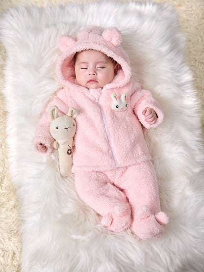 Newborn Baby Girl Cute Pink Fuzzy Cartoon Hooded Jacket And Elastic Waist Pants Set, Autumn/Winter Clothes