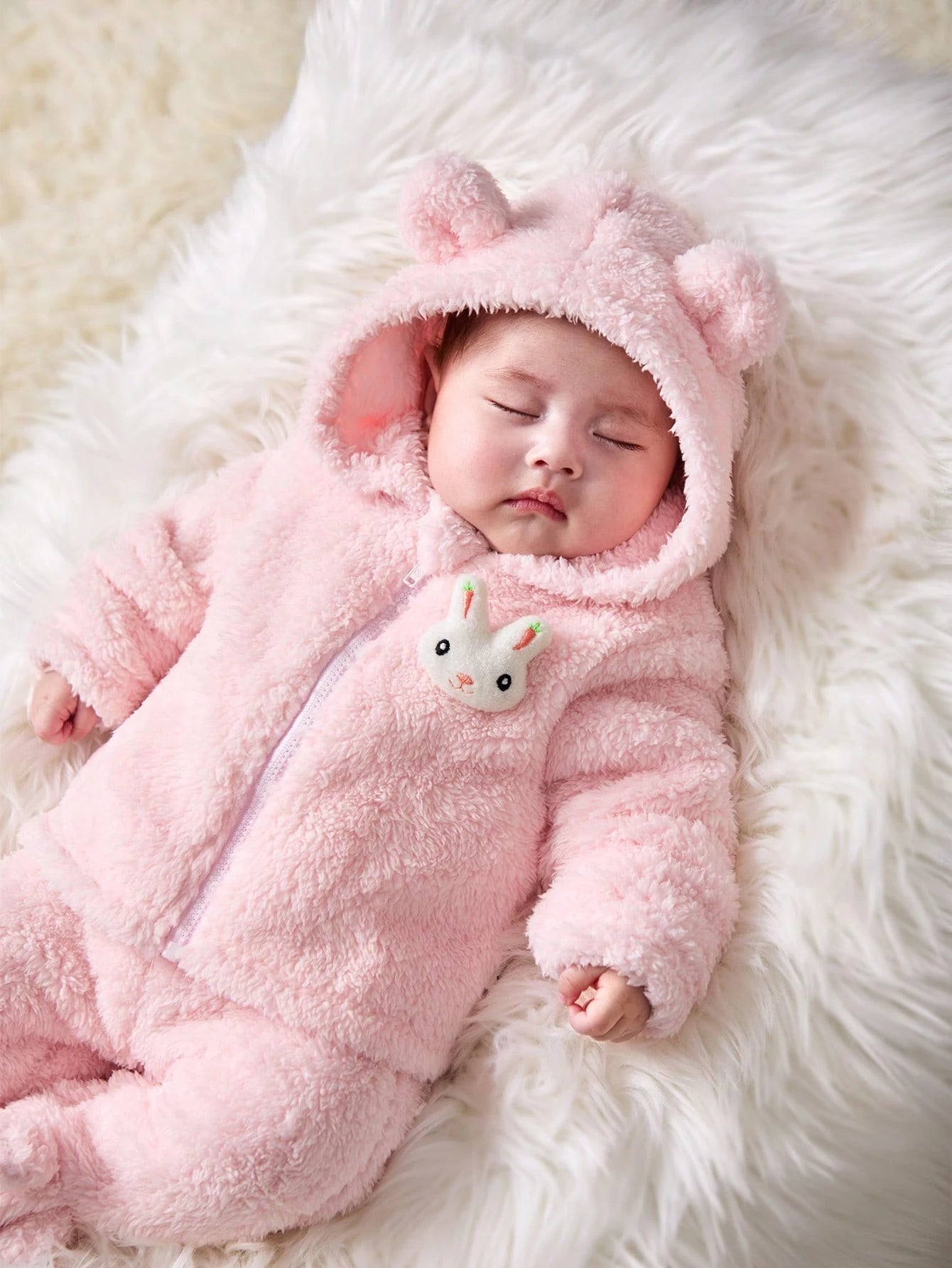 Newborn Baby Girl Cute Pink Fuzzy Cartoon Hooded Jacket And Elastic Waist Pants Set, Autumn/Winter Clothes