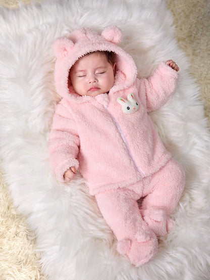 Newborn Baby Girl Cute Pink Fuzzy Cartoon Hooded Jacket And Elastic Waist Pants Set, Autumn/Winter Clothes
