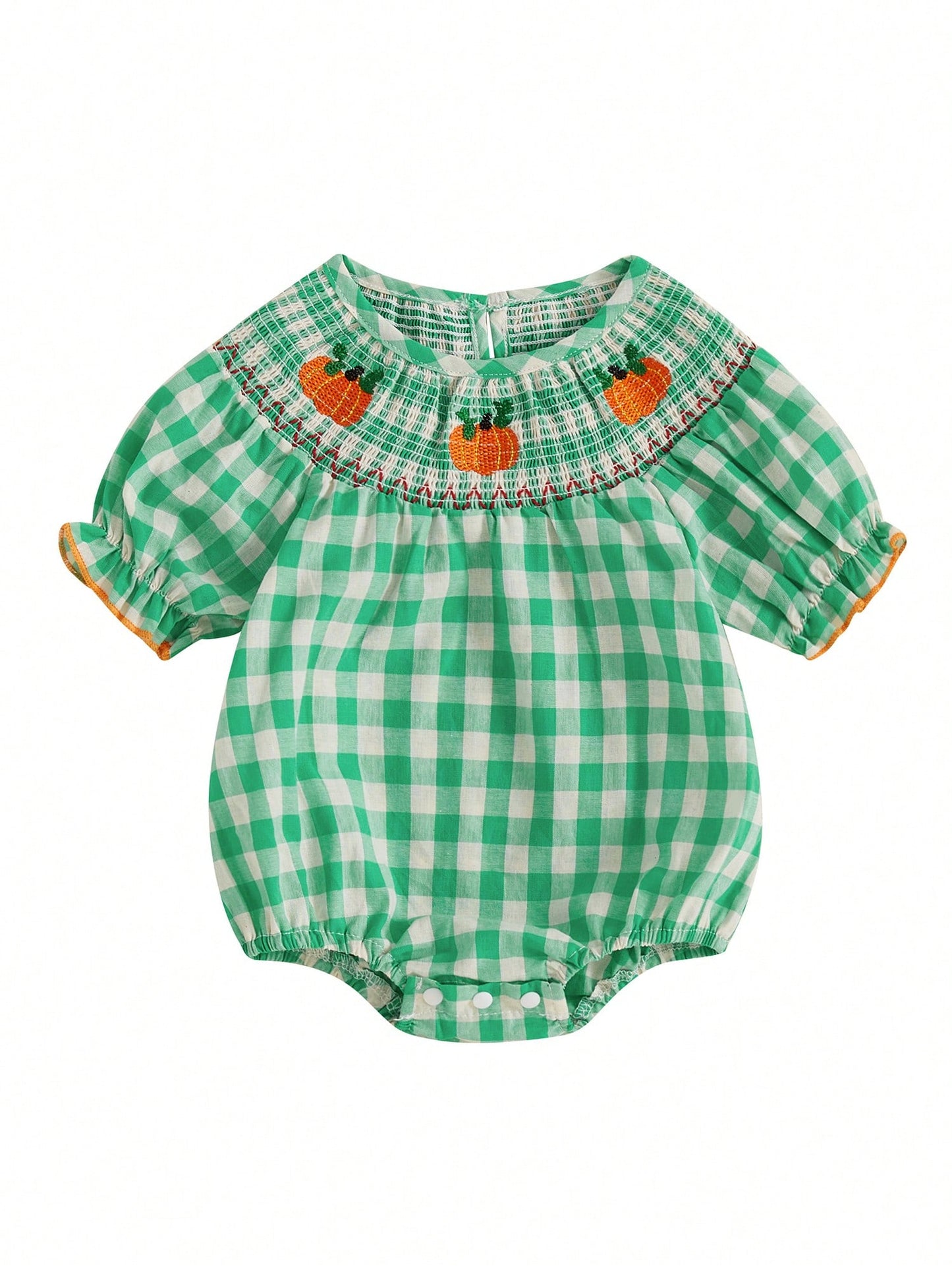 Newborn Baby Girls Halloween Outfit Fall Romper Bodysuit Pumpkin Embroidered Plaid Short Puff Sleeve Crew Neck Ruffled Jumpsuits Playsuit Toddler Infant Halloween One Piece Outfit Clothes